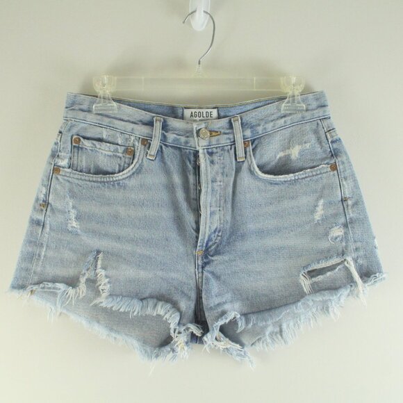 Agolde Parker Vintage Feel High Rise Button Fly Raw Frayed Edge Shorts 26